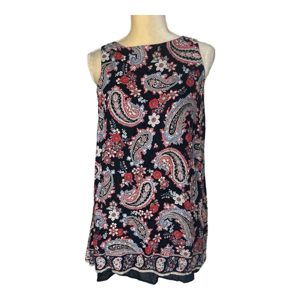 J Jill Black Paisley Print Lightweight Tunic Tank Boho Festival Size XS petite